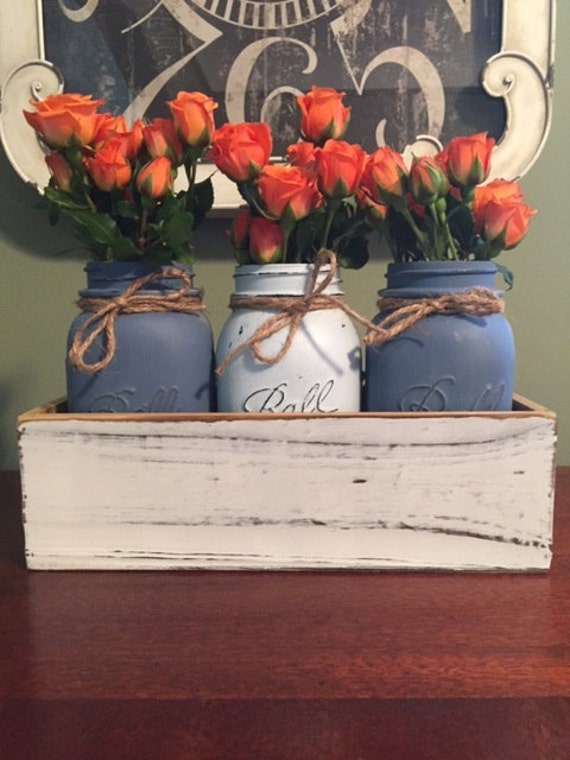 Items similar to Three Chalk Painted Mason Jar Centerpiece on Etsy