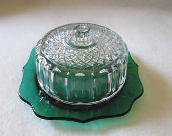 Vintage Green Butter Dish With A Clear Glass Pressed Top