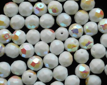 25 8mm Czech glass beads, Opaque White AB firepolished, faceted round beads C40125