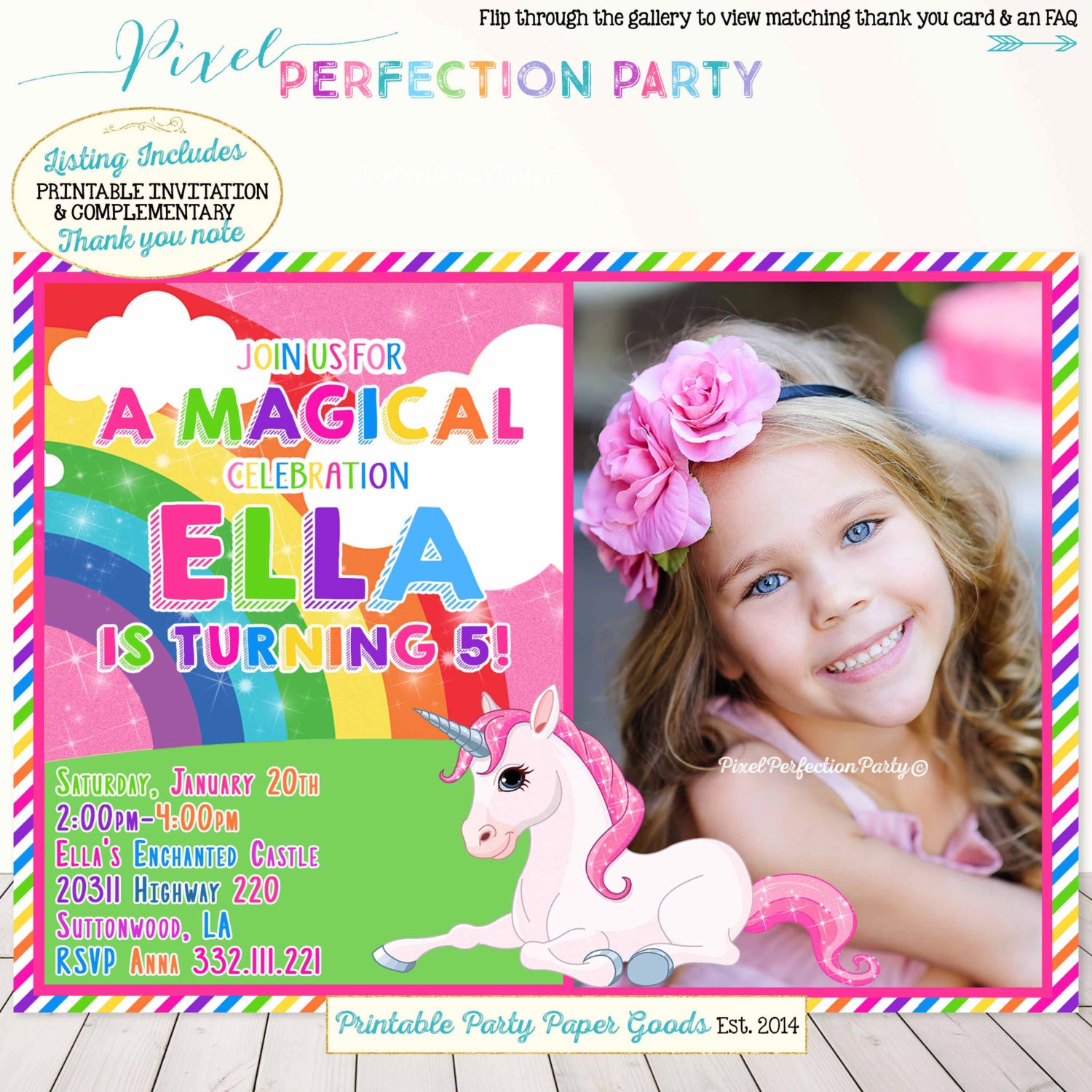 Rainbow Unicorn Birthday Invitation Magical Unicorn Invitation