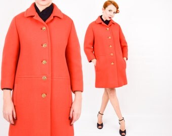 60s Persimmon Orange Wool Coat | Heavy Winter Coat | Renbrook | Medium
