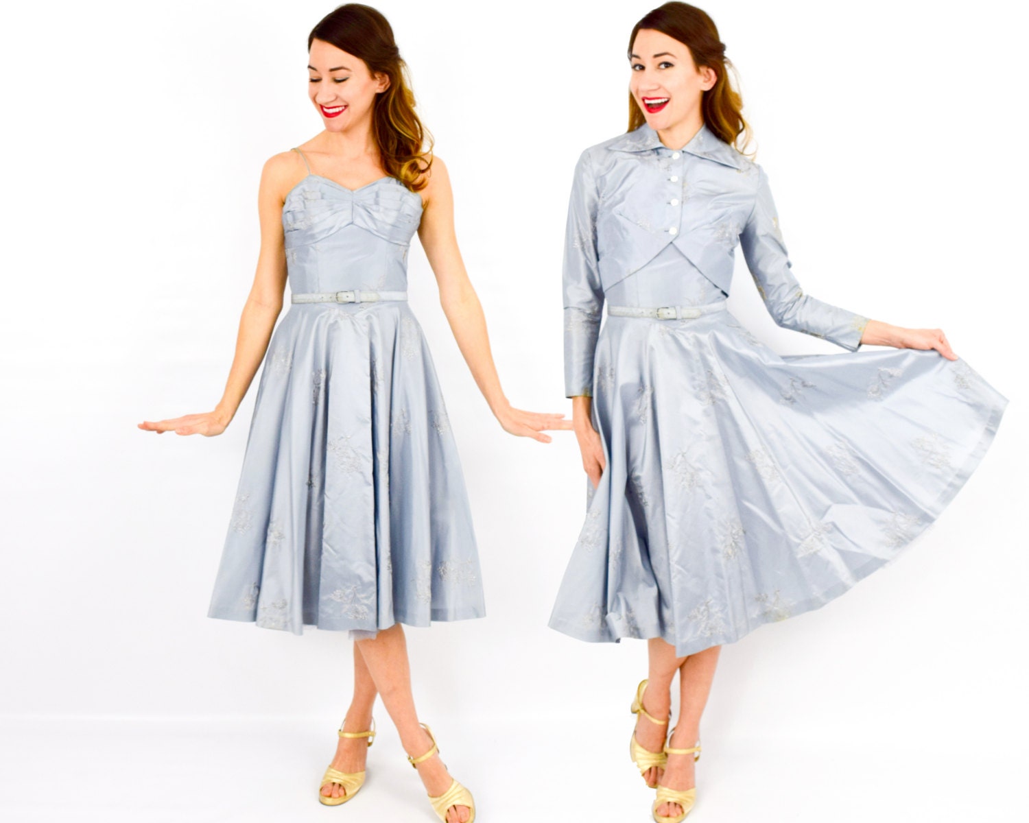 50s Blue Formal  and Matching  Jacket  Taffeta Party Dress  and