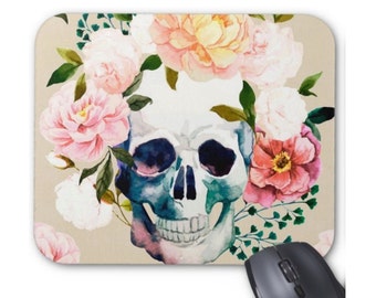 Skull with Flowers Print Mouse Pad, Colorful Day of the Dead Mexican Pastel Watercolor Mousepad