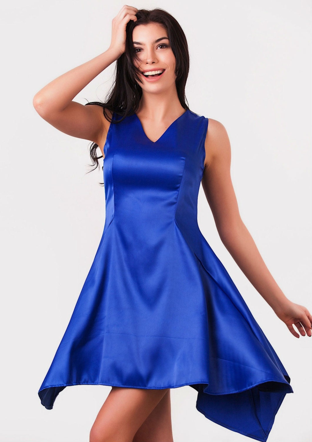 Royal blue Satin Summer Dress Asymmetric party dress