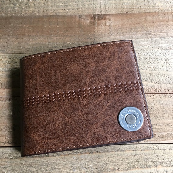 Mens brown bifold wallet nickel remington 12 gauge shell