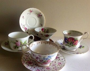 Vintage Fine Bone China Mismatch Floral Design Tea Cups And Saucer Set Vintage Tea Cup Set Shabby Chic Tea Party Tea Cup Set Vintage Tea Cup