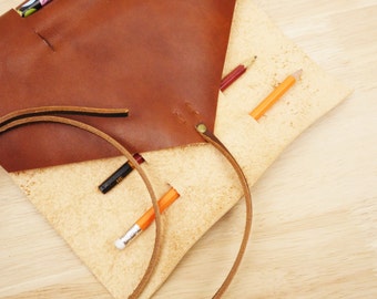 Leather pencil roll, leather pen roll, leather pencil case, rollup leather case, leather tool roll, personalized gift, paintbrush roll