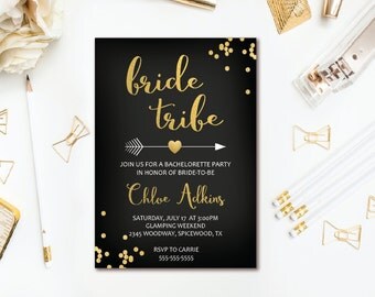 Bride Tribe Bachelorette Invitation - Black & Gold Confetti Arrow Bachelorette Party Invitation - Boho Tribal Printable Invite