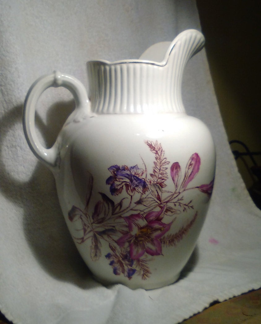 Antique Victorian Large Water Pitcher Iowa Pottery Floral