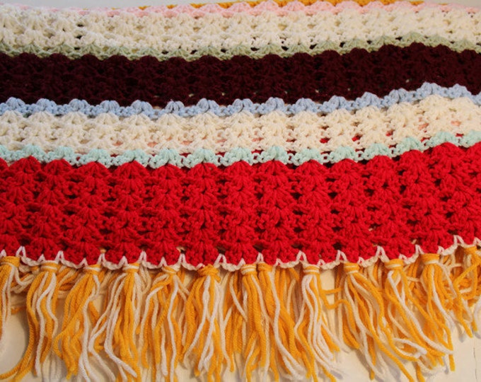 Vintage Crocheted Afghan Blanket, Vintage Afghan, Multi-colored Blanket, Blanket with Fringe
