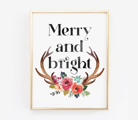 Merry and Bright Christmas Watercolor Printable Wall Art