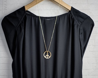 Peace necklace, peace sign necklace, hippie necklace, statement necklace, long necklace, peace, gift under 50, gift for her, 14K gold.