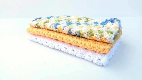 Large Crochet Cotton Dishcloth (Set of 3) Yellow, White & Cool Breeze Ombre - Dish Rag - Spring Kitchen- Eco Friendly - Housewarming Gift