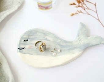 Baby Whale Jewelry dish Ceramic soap dish Ring tray Porcelain ring plate Home decor gifts Whimsical art Pottery plate
