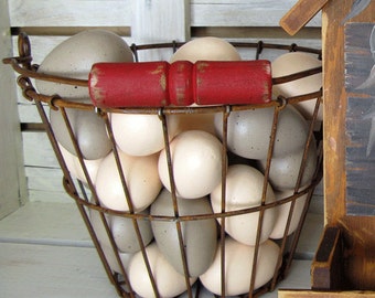 Farmhouse Decor - Wire Egg Basket, Metal Basket, Farm Basket, Egg Basket with Red Wood Handle
