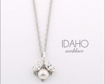 Pearl wedding necklace - dainty bridal necklace - simple wedding necklace - crystal pendant - pearl necklace - Idaho necklace