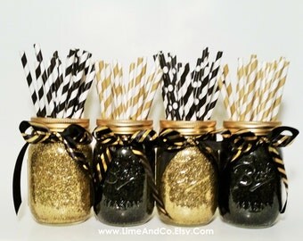 Mason Jar Centerpiece, Wedding Centerpiece, Graduation Party Decorations, Black and Gold Decor, Birthday Party, Wedding Decor, Set of 4