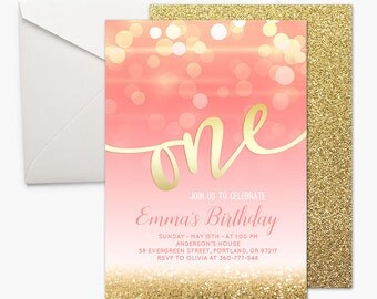 Pink and Gold First Birthday Invitation Girl 1st Birthday Pink and Gold Birthday Invitation ONE Birthday Party Invitation Glitter Printable