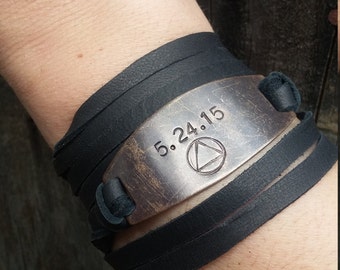 Sobriety Bracelet - Hand Stamped AA Symbol with Sobriety Anniversary Date *Leather Wrap Bracelet*Sobriety Jewelry*Sobriety Anniversary Gift*