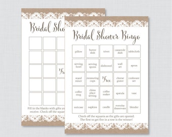 Burlap and Lace Bridal Shower Bingo Printable - 40 Unique Pre-filled Bingo Cards AND Blank Cards - Rustic Burlap Lace Bridal Bingo 0003