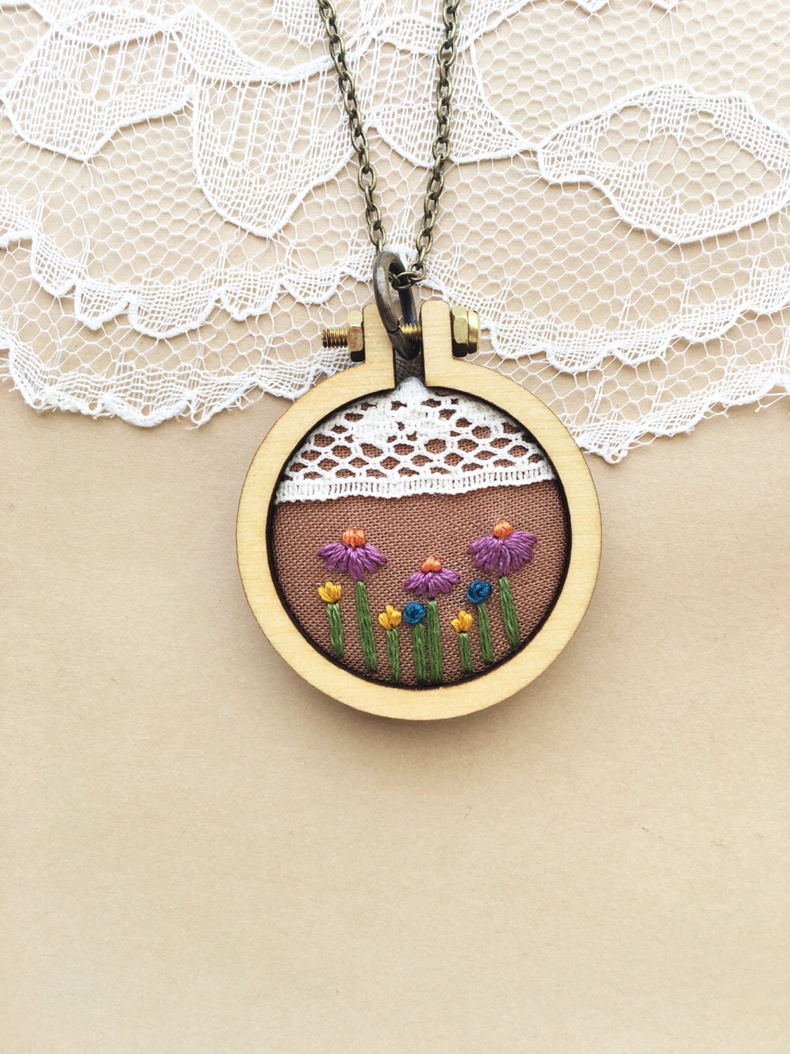 Boho Necklace Mini Embroidery Hoop Necklace Wildflower
