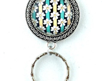 Daisies with Teal Black Stripes Magnetic Badge Holder, Eyeglass Holder, ID Holder, Magnetic Pin, Magnetic Brooch, Brooch Holder