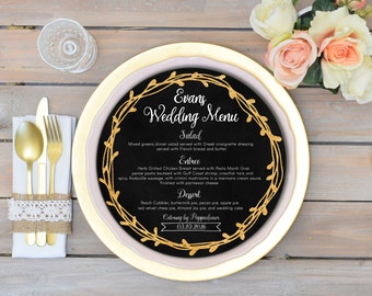 Round menu cards Circle menu Black and gold wedding menu cards Round menus Wedding menu sign Round dinner menu chalkboard Printable menu