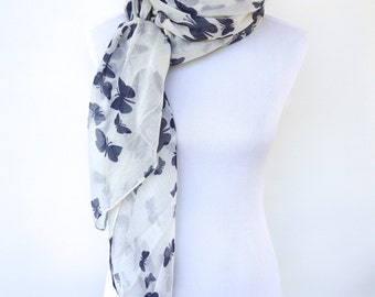Butterfly Print Scarf, White Blue Scarf, Navy Womens Viscose Scarves, Fashion scarf, Boho scarf, Scarf Shawl, Women's Scarf, Gifts For Her