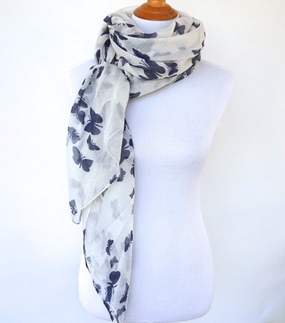 Butterfly Print Scarf White Blue Scarf Navy Womens Viscose
