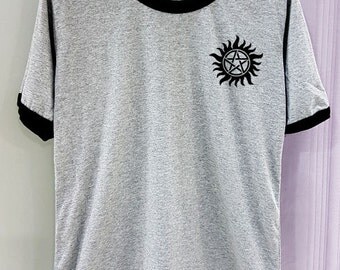 Anti Possession Shirt Tattoo Supernatural Short Sleeve Two Tone White Grey Gray Tee Clothing