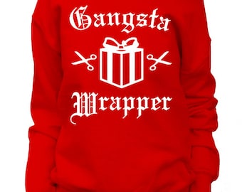 Gangsta Wrapper. Womens Christmas Sweatshirt. Off shoulder Slouchy. Funny Christmas Sweater