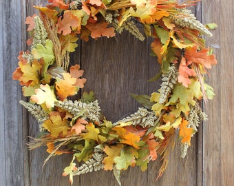 Fall Wreath, Leaf Wreath, Fall Leaf Wreath, Oak Leaf Wreath, Autumn Wreath, Orange Wreath, Natural Wreath, Fall Foliage, Front Door Wreath
