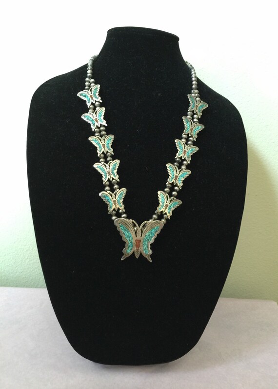 26 Zuni Turquoise Coral Inlay Sterling Silver Butterfly