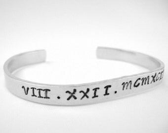 Custom date bracelet cuff, gift for her roman numeral personalized date cuff, new mom custom jewelry, graduation gift, engagement date gift