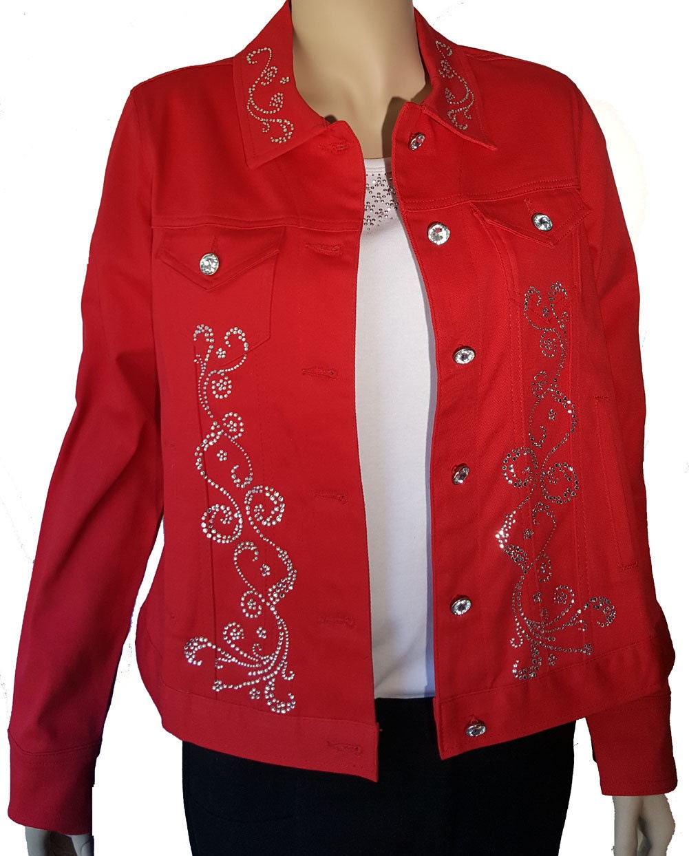 Denim Jacket Red Bling Rhinestone Embellished with Crystal