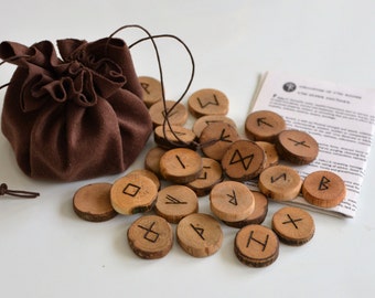 Rune Set Elder Futhark Viking Runes with Faux Leather Pouch Velour Pouch, 25 Wooden Runes Runestones Norse Mythology Wicca Pagan Asatru