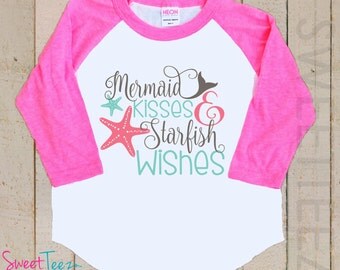 Mermaid Shirt Girl Pink Raglan Cute Hip Shirt Girl Sea Star Raglan Shirt Mermaid Kisses StarFish Wishes
