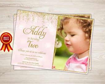 Pink and Gold First Birthday Invitation, Pink and Gold Birthday Party, Peach and Gold Glitter Birthday Invitation, Girl Birthday Invitation