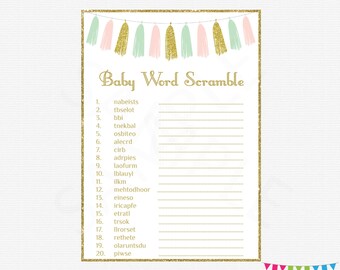 Pink Mint Gold Baby Shower Word Scramble, Baby Shower Game, Girl Baby Shower, Pink Mint Gold Tassels, Baby Shower Sign, Printable, TASPMG