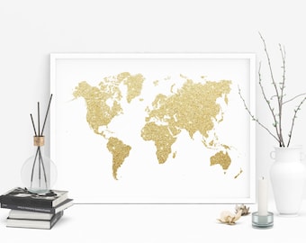 Gold glitter world map, Printable world map, Gold foil wall prints, Instant download