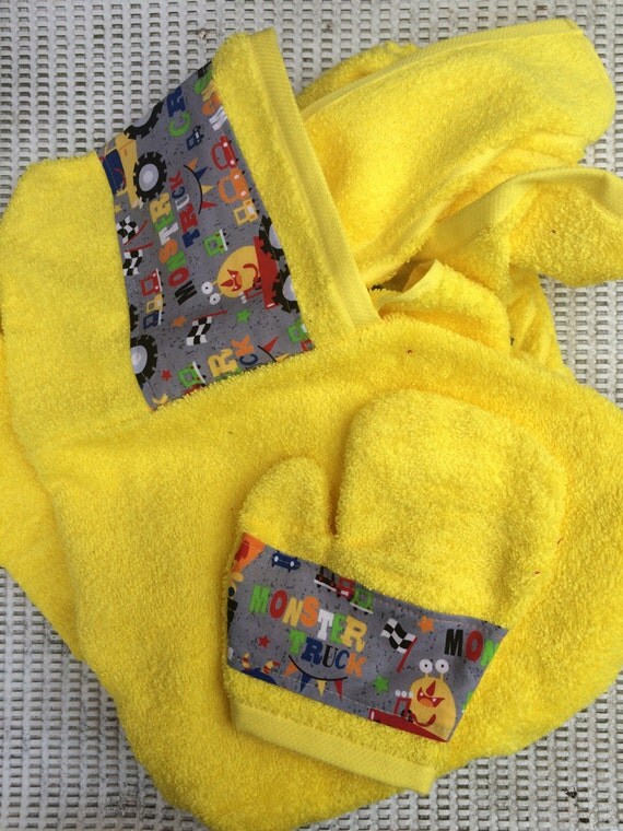 Yellow Monster Truck Hooded Bath Towel & Wash Mitt Set Hooded