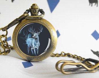 Deer patronus - Totem Animal - Pocket watch or necklace - Victorian Steampunk style - Glass cabochon - Special Etsy gift - Magic