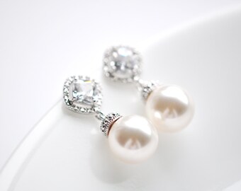 Pearl Bridal Earrings Pearl Wedding Earrings Crystal Pearl Bridal Earrings Swarovski Pearl Jewelry Rhombus Post Pearl and Crystal Earrings