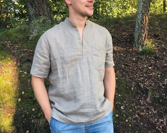 Mens Linen Shirt with Short Sleeves, Linen Polo shirt, men gift, Short Sleeved Shirt Boho Shirt Casual Natural Beach Wedding Plus size shirt