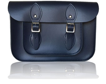 11" Classic British Leather Satchel 100% Real Leather - Navy Blue