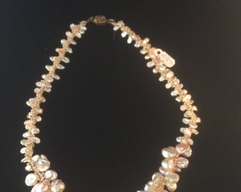 Beaded Shell Necklace Fresh Water Pearls and Crystals
