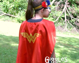 Wonderwoman Cape Mask Headband Set - Kids Costume - Superhero - Halloween Dress Up Girl Capes - Birthday Party Favors Wonder Woman Red Blue