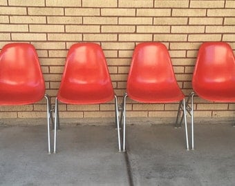 Set of 4 ORIGINAL Herman Miller RED Molded Fiberglass Side Chairs / Charles Eames Shell Chairs