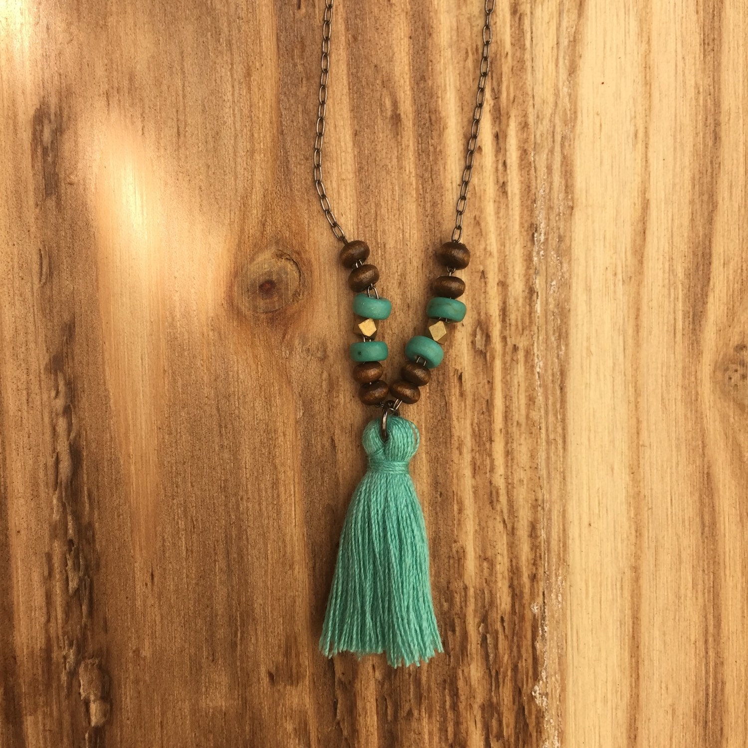 Turquoise Tassel Necklace summer style with wood and brass