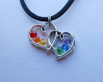 Rainbow Hearts Pendant -- Linked Double Silver Hearts, Wire Wrapped Rainbow Swarovski Crystals, Gay Pride, Love Wins, Wedding Hearts